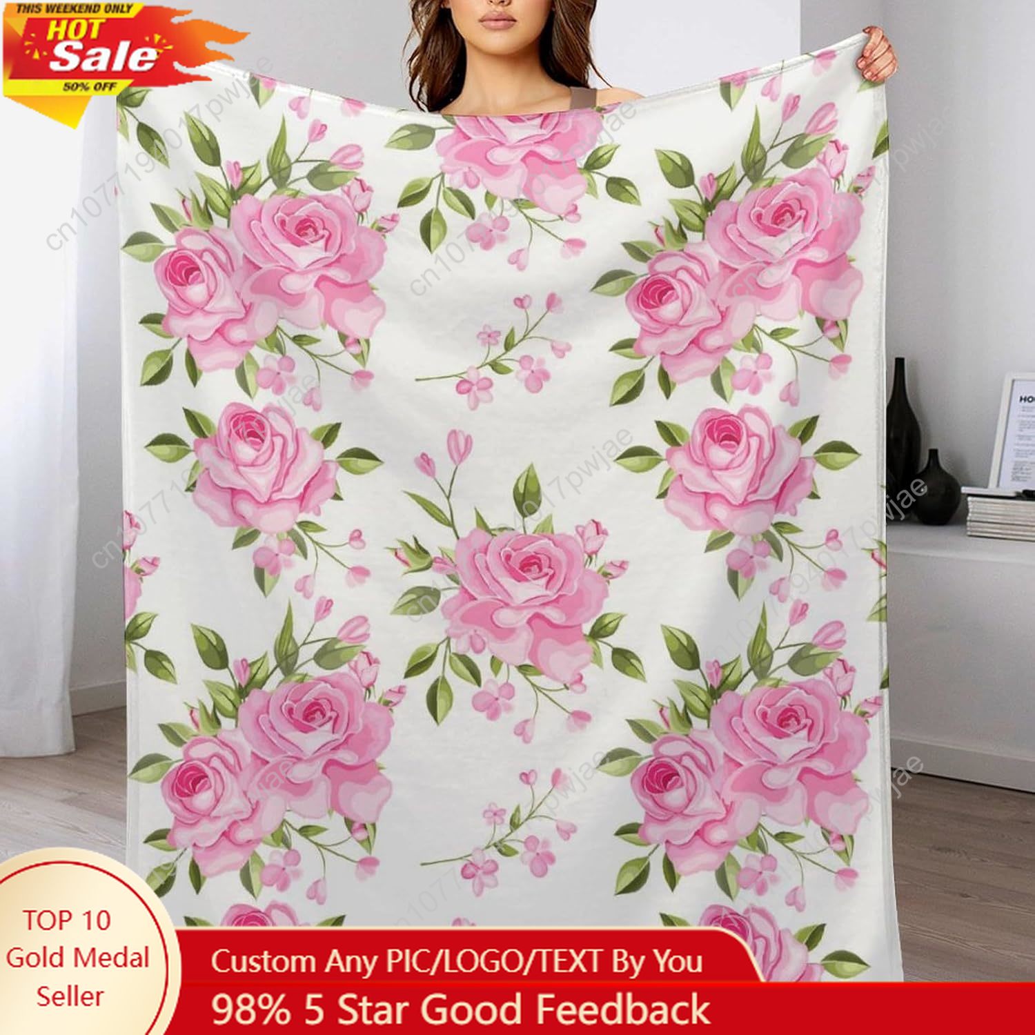 Home Textiles Throw - Manta de flores rosas, decoración floral,